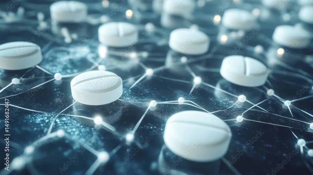 Poster tablets on digital network representing neurotransmitter action