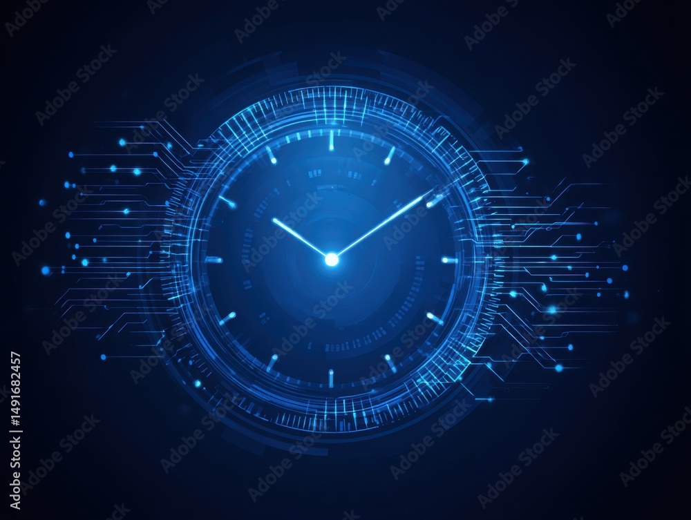 Aufkleber digital clock face showing time with circuit board design in blue futuristic technology concept