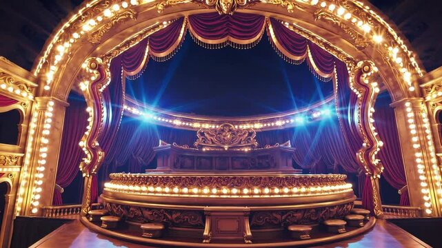 Magnificent Empty Theater Stage with Brilliant Golden Lights Illuminating Ornate Architecture and Rich Red Velvet Curtains, Grand Podium Awaiting a Dazzling Performance or Ceremony