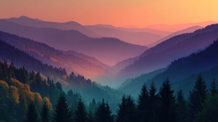 Obraz premium Majestic mountain range landscape at sunset aerial view; layered hills with forest and colorful sky; scenic vista of nature in the Carpathians