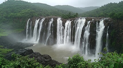 Fototapeta premium Majestic waterfall cascading over rocky terrain in lush green forest.