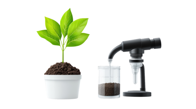 Soil research being conducted with a young plant growing beside a microscope, both isolated on white background.