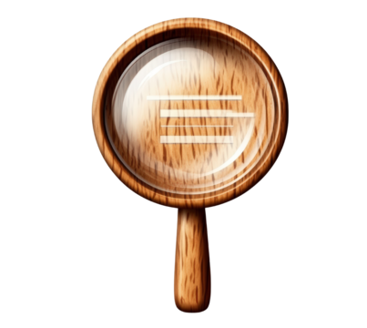 A wooden magnifying glass with a glass lens and menu icon inside rests on a clean white background here.