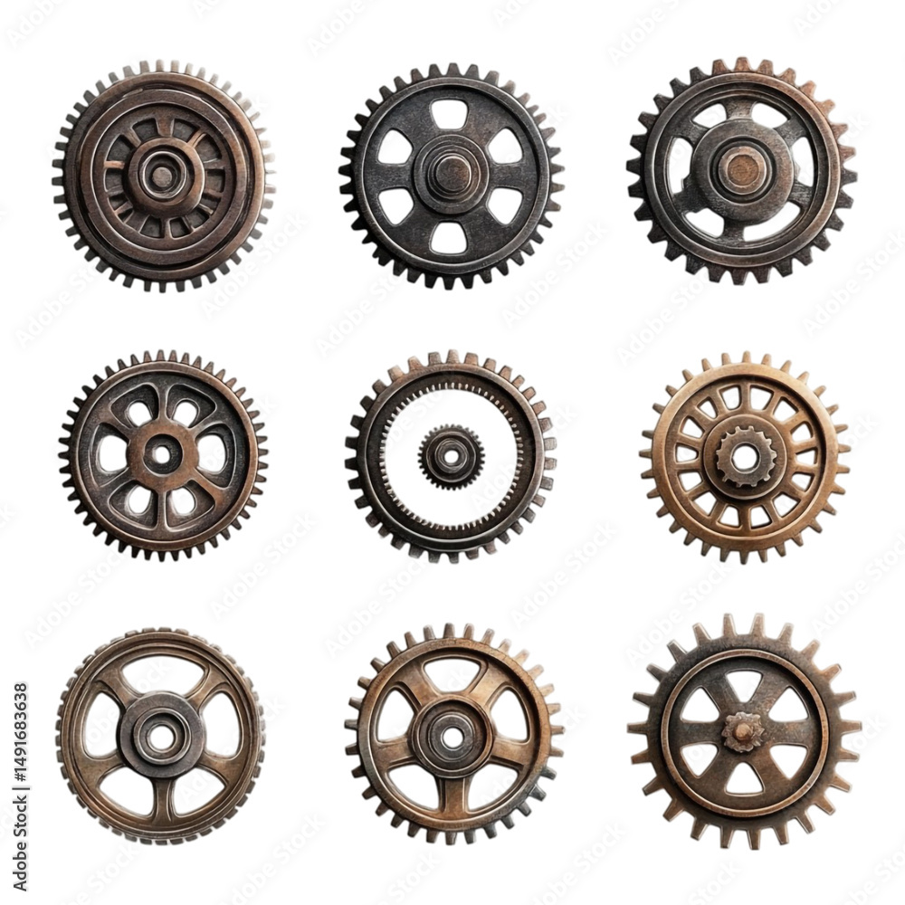 Poster nine rusty metal gears arranged in a grid on a colorful striped background
