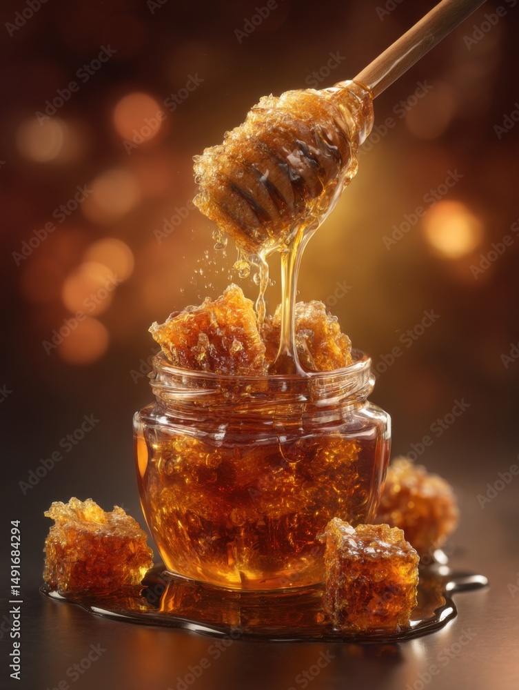 Poster honey dipper dripping golden honey into a jar of honeycomb close up studio shot with bokeh backgroun