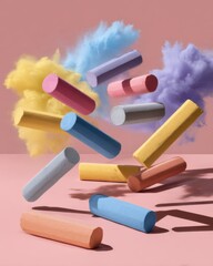 Colorful Chalk Sticks Suspended in Air with Pastel Powder Explosion Creative Studio Shot on Pink Background