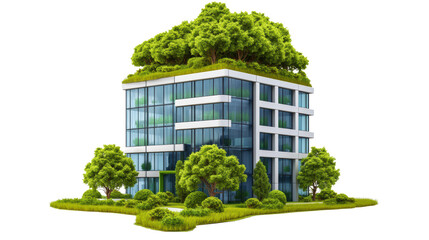Green building design with trees on roof and ground, showcasing eco friendly architecture on white background.