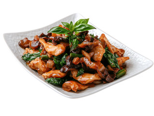 Appetizing chicken stir fry with mushrooms and spinach served on a white plate against white background.