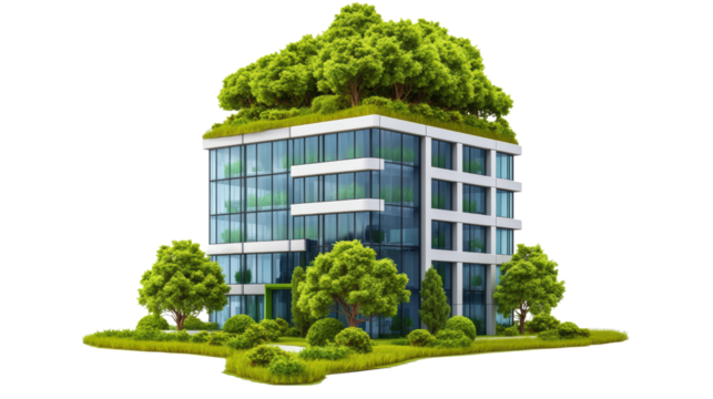 Green building design with trees on roof and ground, showcasing eco friendly architecture on white background.