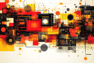 Fototapeta premium A colorful abstract digital artwork featuring overlapping geometric shapes, lines, and circles in red, orange, yellow, and black tones.
