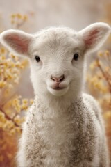 Fototapeta premium Portrait of a Lamb in Springtime Meadow Close Up Eye Contact Innocence and Purity Symbol of Easter and New Beginnings Farm Animal