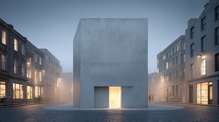 Fototapeta premium Concrete Cube Modern Architecture in Foggy Urban Landscape.