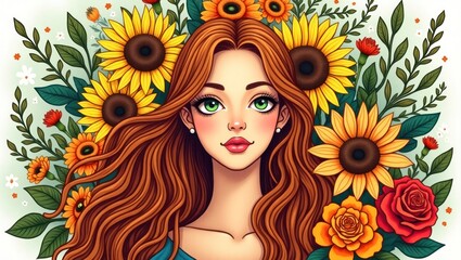 Woman portrait surrounded by vibrant autumn flowers.