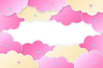 Colorful paper clouds and stars. Horizontal background in paper cut style for design of flyers and travel newsletters.