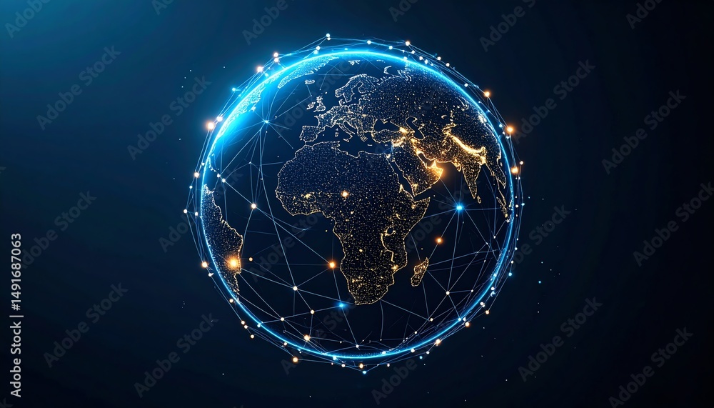 Poster a glowing digital globe with interconnected lines and points highlighting major cities, symbolizing 