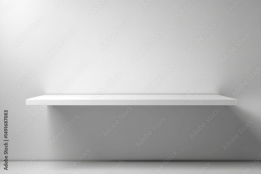 Poster clean minimalist white shelf mounted on wall studio shot simple design empty space product placement