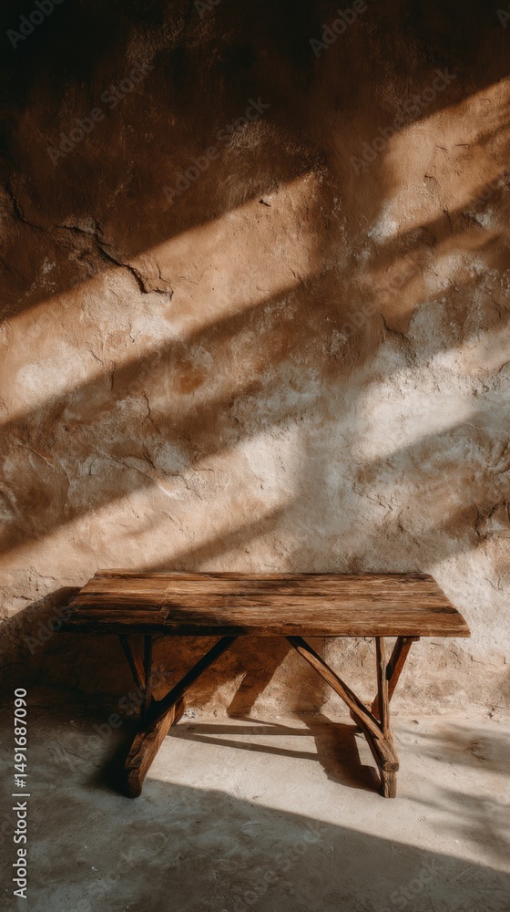 Poster rustic wooden table in sunlight against textured wall in studio setting for product display or still