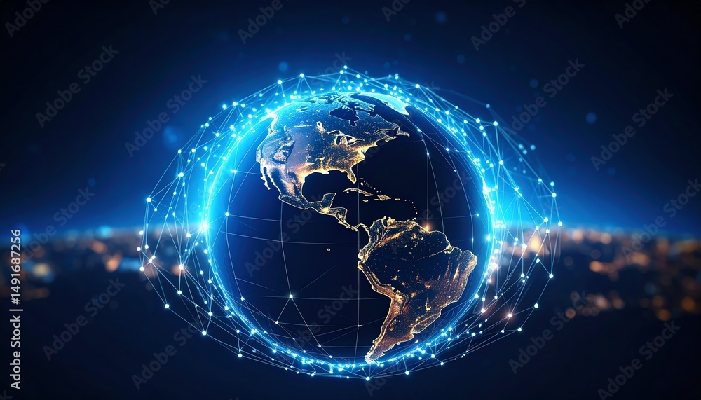 Poster a digital representation of earth showcasing interconnected networks, emphasizing technology and glo
