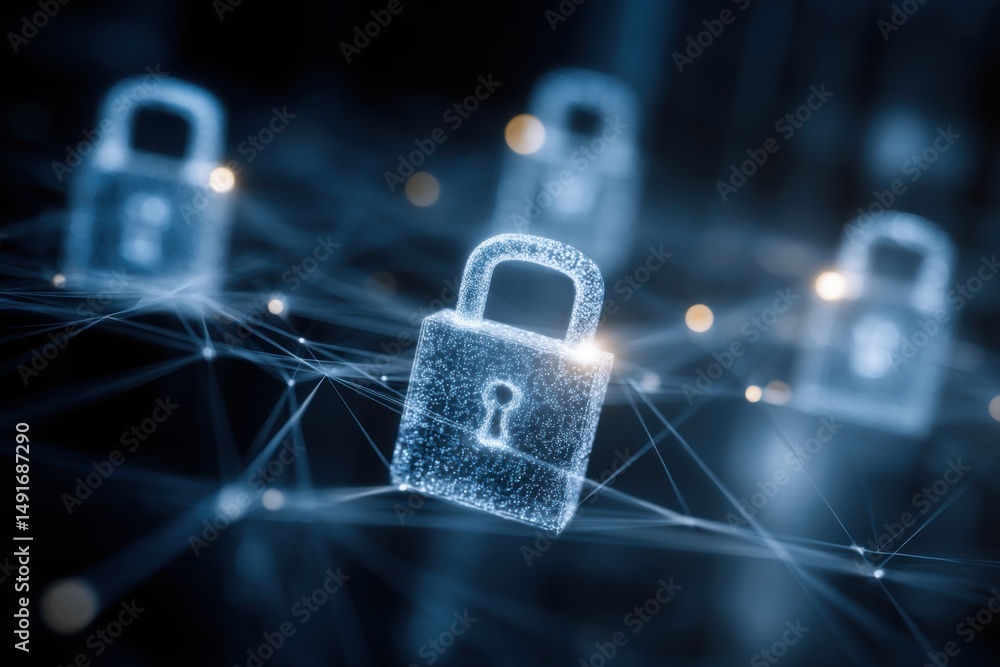 Poster digital locks floating in a network security concept abstract close up cybersecurity data protection
