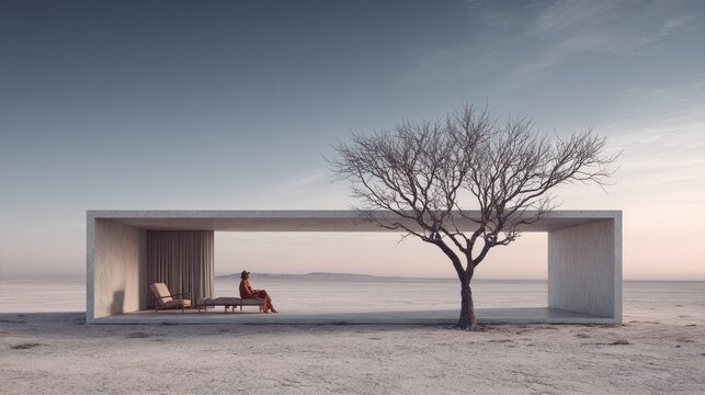 Desert Solitude Woman Relaxing in Modern Shelter with Bare Tree Serenity.