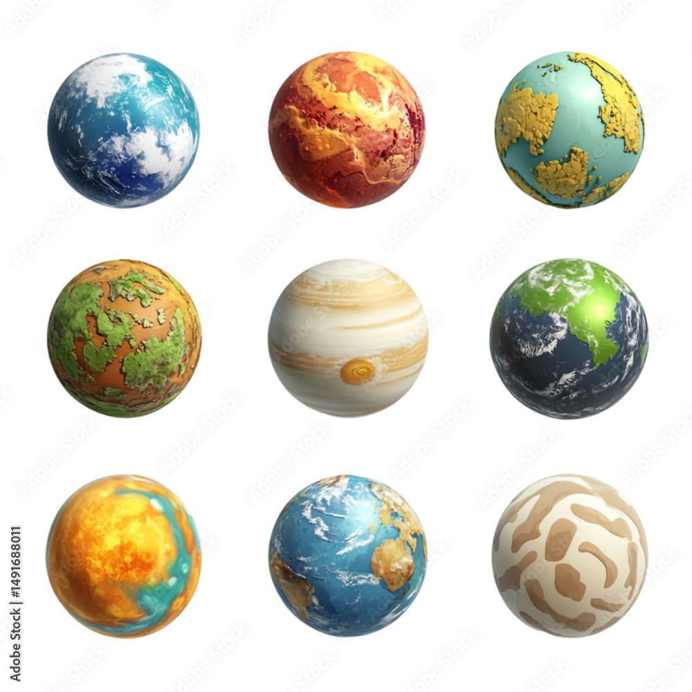 Poster nine diverse planets displayed in a grid showcasing varied textures and colors of celestial bodies