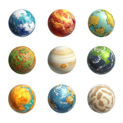 Nine diverse planets displayed in a grid showcasing varied textures and colors of celestial bodies