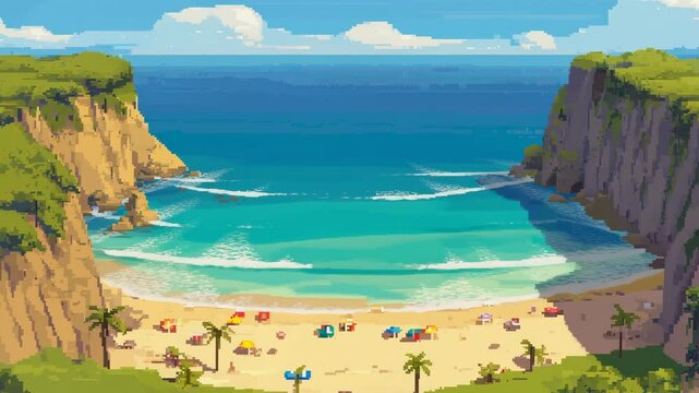 A pixel art beach scene shows a vibrant seaside bay surrounded by tall cliffs, with colorful umbrellas and palm trees dotting the sandy shore.