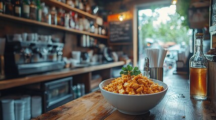 Fototapeta premium Cozy cafe scene food bowl on a wooden bar, bottles, coffee machine visible
