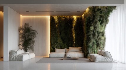 Lush Interior Nature Meets Modern Living Room Oasis with Peaceful Home.