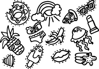 Fototapeta premium Fun summer doodles including food, drinks, and beach icon