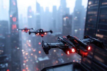 Futuristic spacecraft flying over a dense city with glowing lights for modern transportation