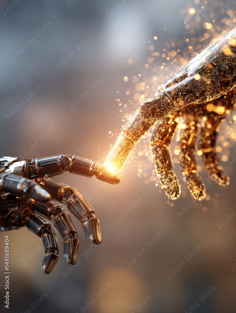 Poster robotic hands reaching for contact in a futuristic scene with glowing particles and metallic texture
