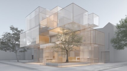 Transparent Cube House Modern Architecture with Integrated Tree.