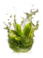 Green leaves splashing in water on white background studio shot freshness vibrant color healthy lifestyle nature concept