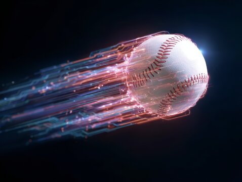 Flying baseball with fast magic effect in high tech futuristic black background