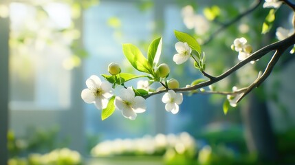 Blossoming tree branch in early spring, realistic fruit blooms against blurred background