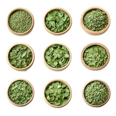 Wooden bowls filled with moringa leaves seeds and powder showcasing various forms of moringa