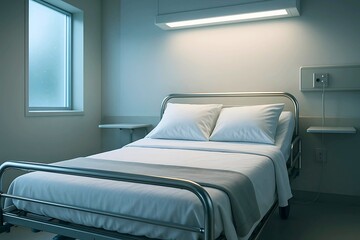 Empty hospital bed in a clean well lit room with window