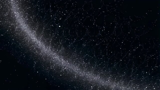 Dark cosmic scene with swirling nebula of white stardust particles on black background, creating abstract galactic space effect