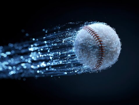 Flying baseball with fast magic effect in high tech futuristic black background
