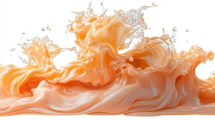 Dynamic splash of light orange liquid, creating abstract waves and droplets against a stark white background