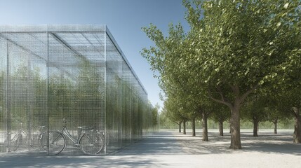 Obraz premium Bike Shelter Serene Green Canopy Metal Mesh Structure.