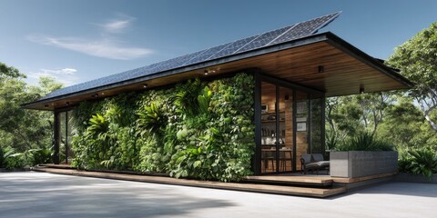 EcoFriendly Modern House with Green Wall and Solar Panels.