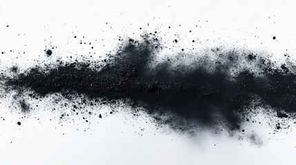 Obraz premium Abstract dark powder explosion against a white background. A high-resolution image showing the texture and movement of scattered particles