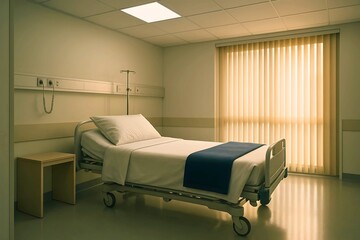 Empty hospital room with bed bedside table window and medical equipment