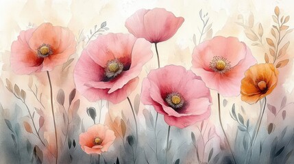 Delicate pink and orange poppy flowers with slender stems set against a soft, dreamy background with gentle foliage in muted tones
