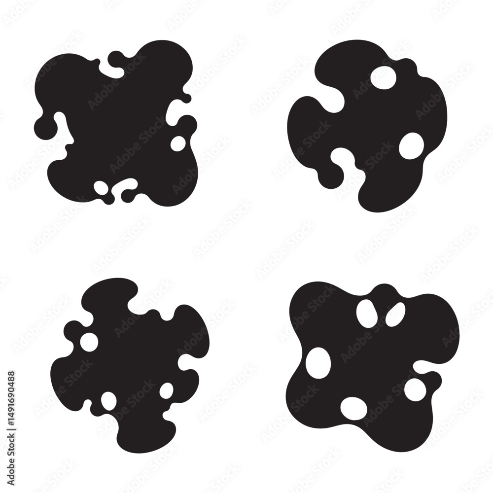 Poster four abstract black shapes with white circles representing dynamic forms and creative graphic design