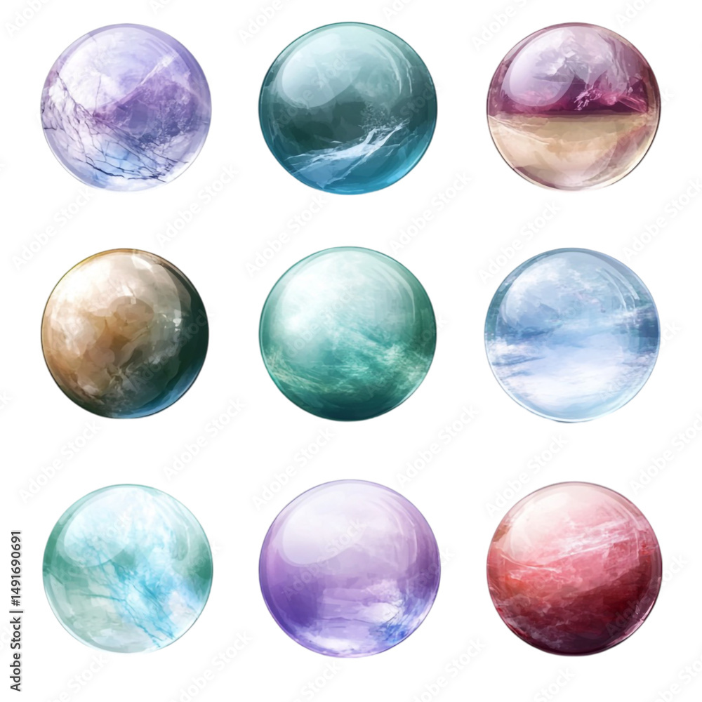 Poster nine colorful spheres showing swirling patterns inside a grid background