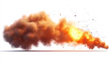 A dramatic explosion with a large plume of brown dust and bright orange flames against a white background