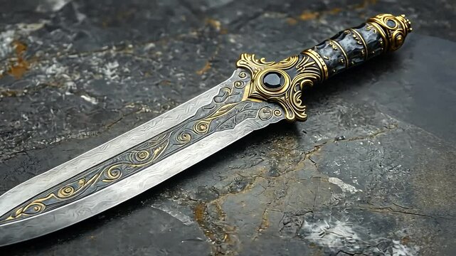 Ornate dagger resting on a textured stone surface, showcasing intricate designs and craftsmanship